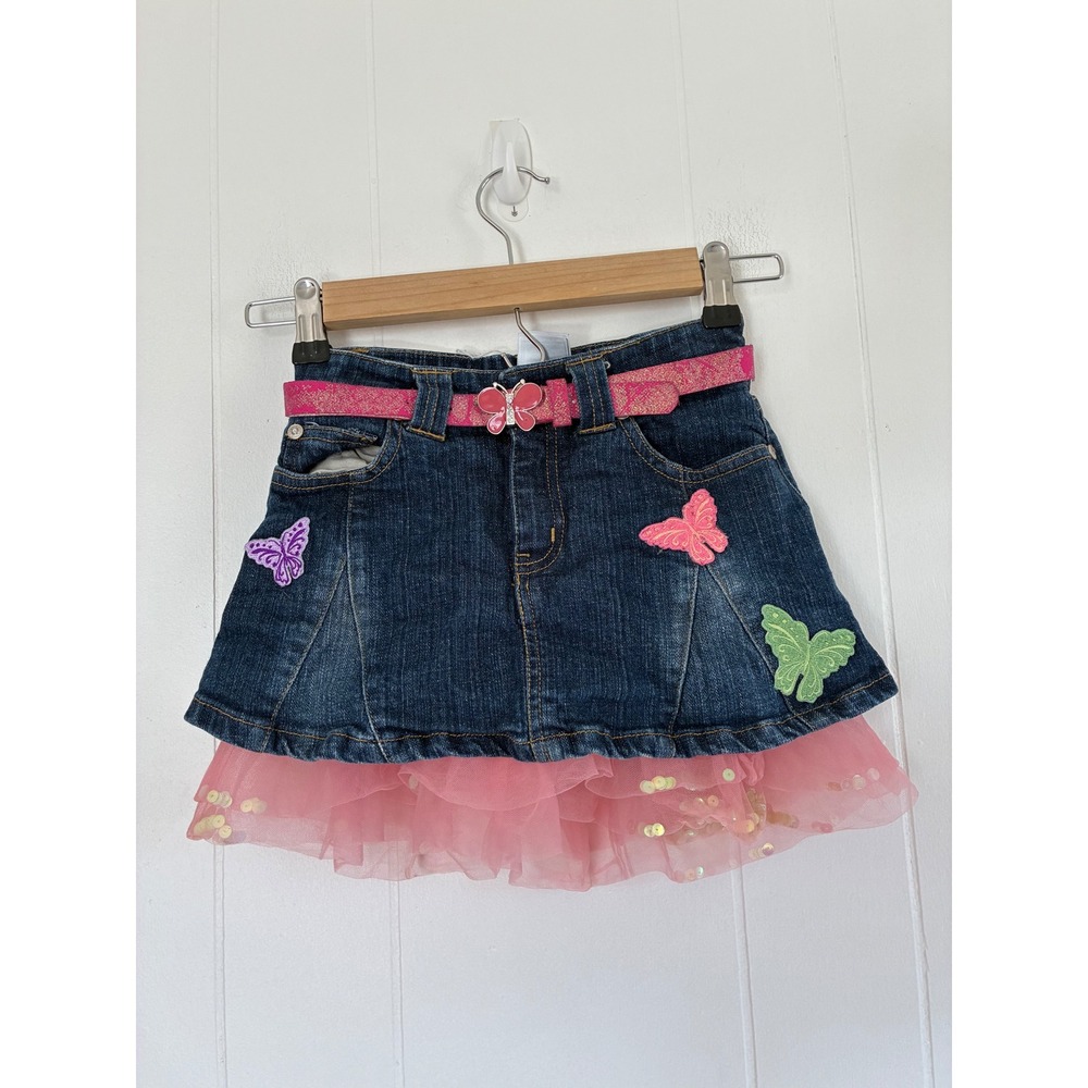 Disney Fairies Girls Denim Skirt Pink Tulle Butterfly Belt Blue Size 5/6 W/ Belt